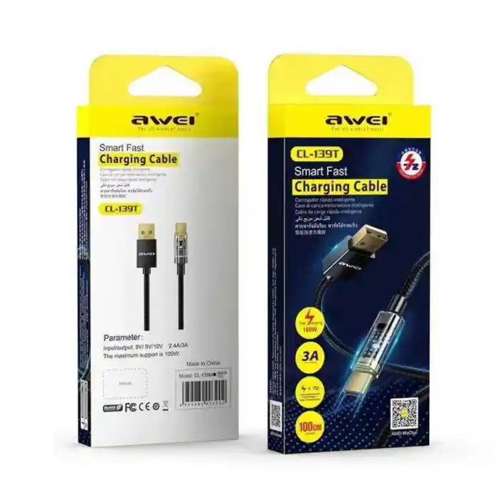 Awei CL-139T Type-C Smart Fast Charging Cable 1m Fast Data Transfer with LED Charging Indicator Fast Charge PD100W Strong and Flexible Braided Nylon Wire High Quality Material COD